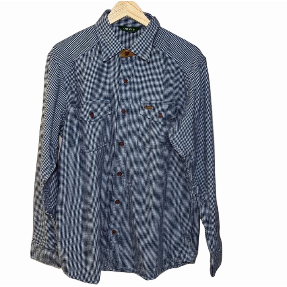 Orvis Houndstooth Pattern Blue Lightweight Flannel Button Down Shirt NWT Size M